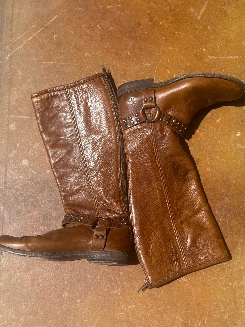 FRYE AND CO. Brown Leather Studded Mid-Calf Harness Boots